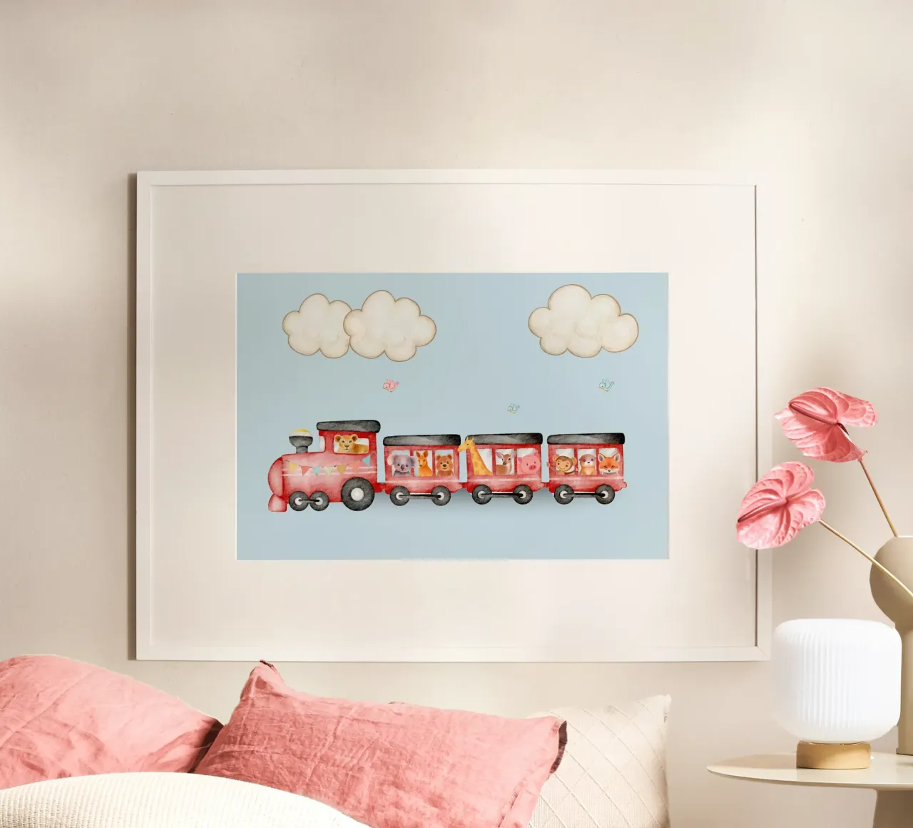 Todos a bordo del tren de los animales poster con marco de plástico de Doodle Dreams Art