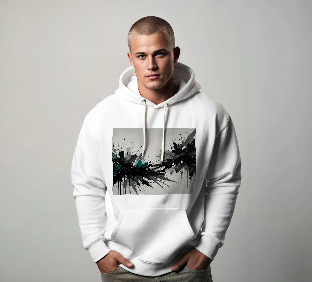 Oeuvre abstraite d'éclaboussures de noir de jais et de sarcelle sur un fond gris clair. sweat à capuche de DesignDoodle