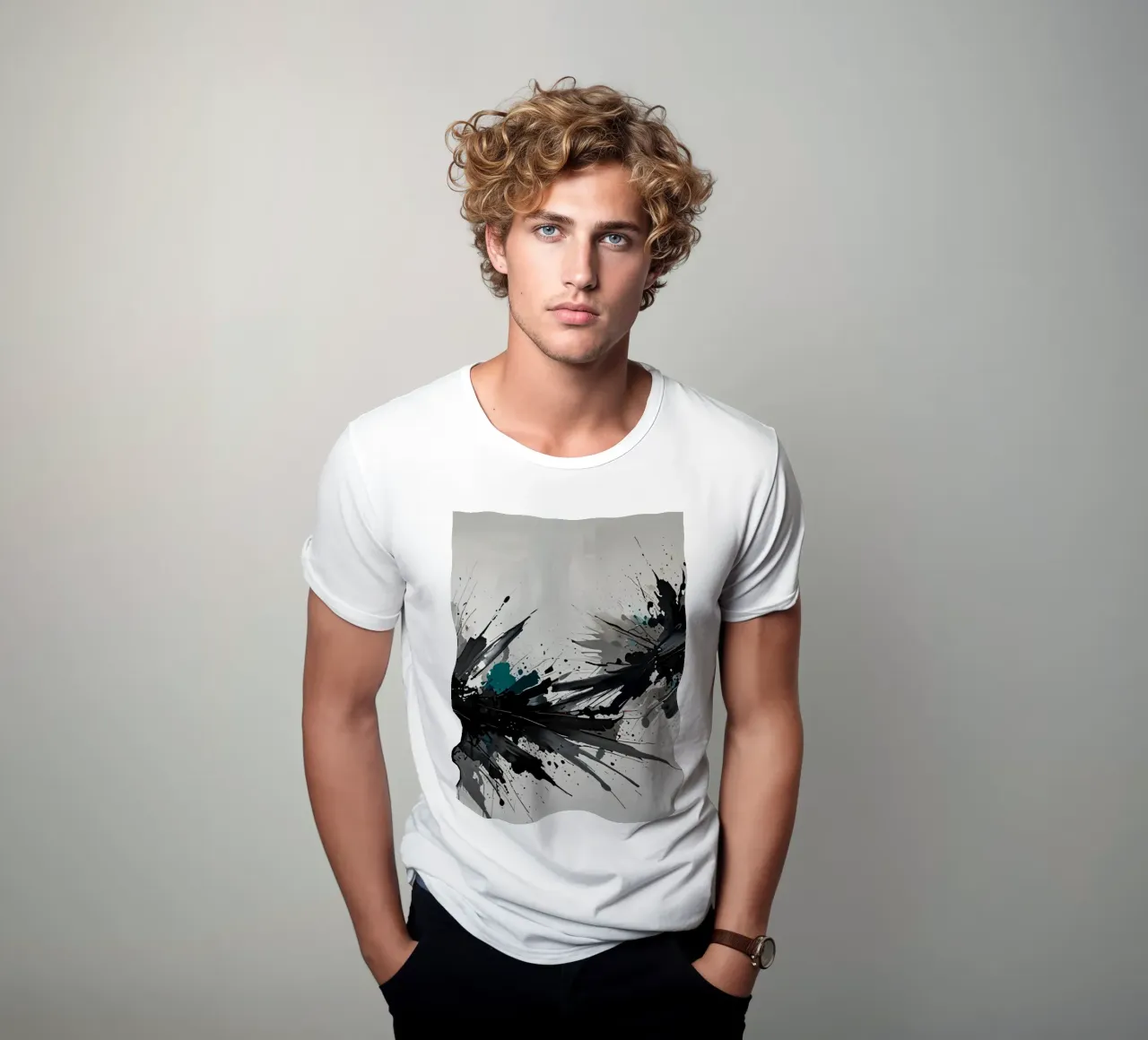 Oeuvre abstraite d'éclaboussures de noir de jais et de sarcelle sur un fond gris clair. t-shirt de DesignDoodle