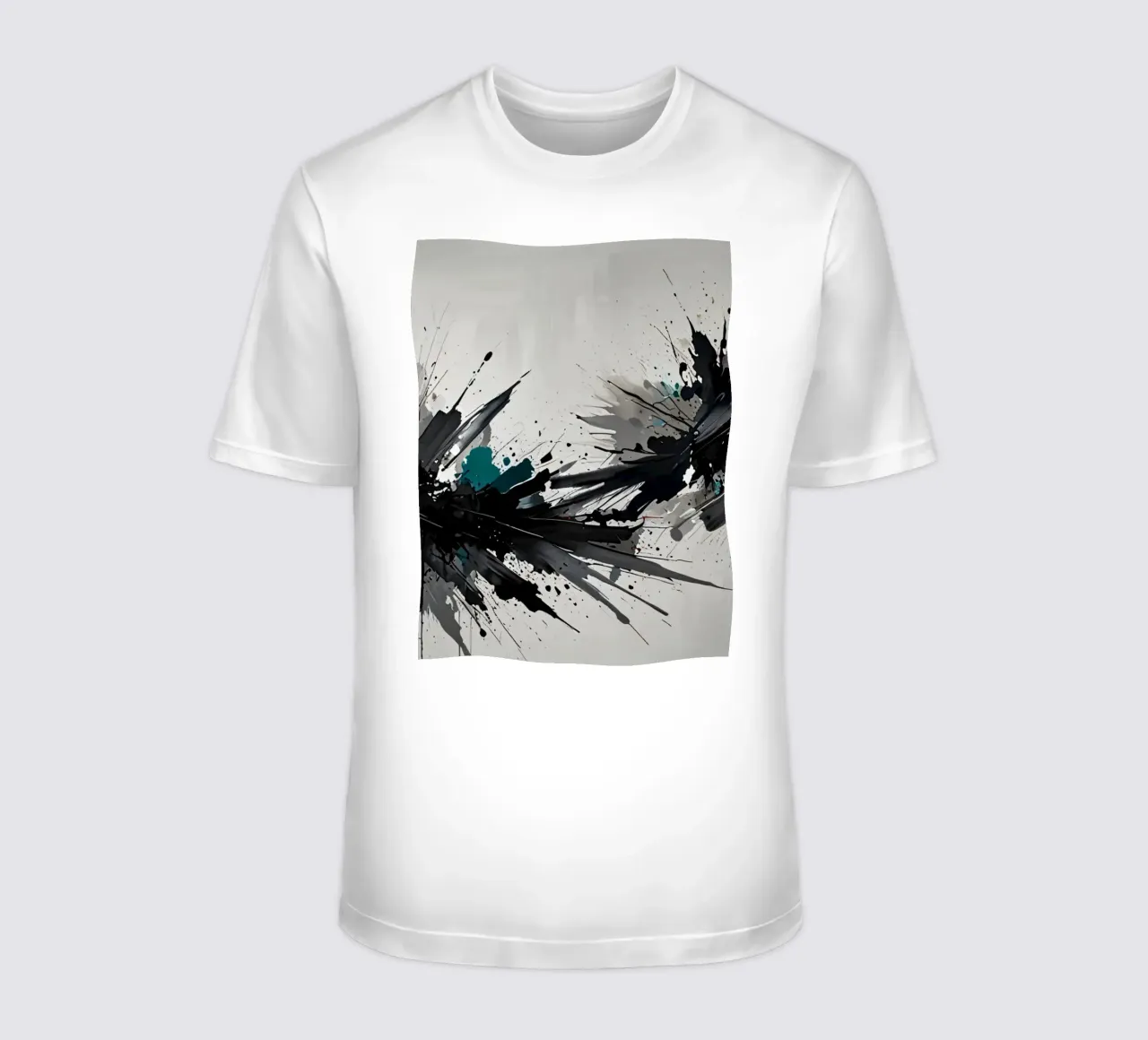 Oeuvre abstraite d'éclaboussures de noir de jais et de sarcelle sur un fond gris clair. t-shirt de DesignDoodle