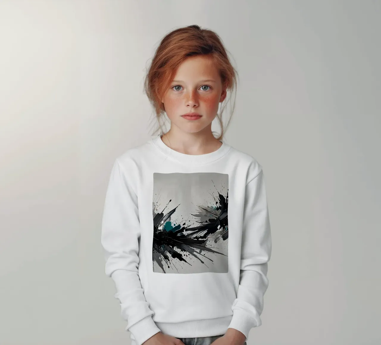 Oeuvre abstraite d'éclaboussures de noir de jais et de sarcelle sur un fond gris clair. sweat enfant de DesignDoodle