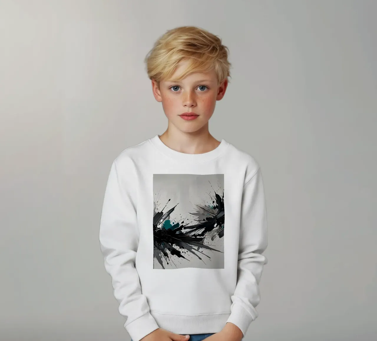 Oeuvre abstraite d'éclaboussures de noir de jais et de sarcelle sur un fond gris clair. sweat enfant de DesignDoodle