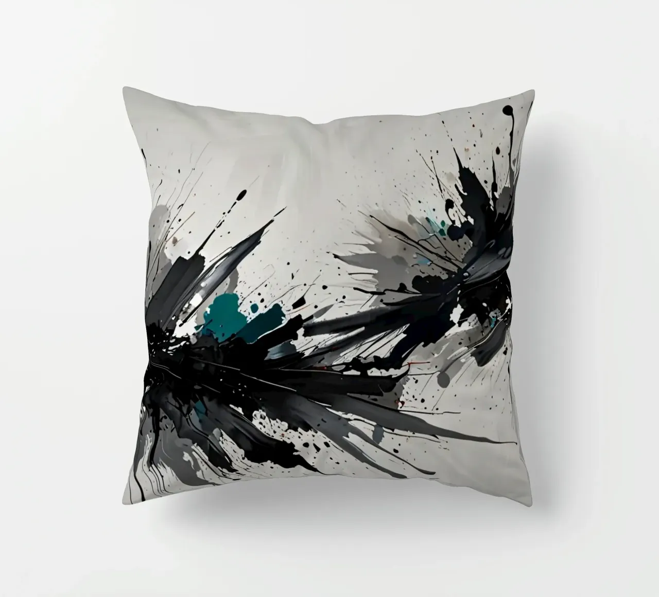 Oeuvre abstraite d'éclaboussures de noir de jais et de sarcelle sur un fond gris clair. coussin de DesignDoodle