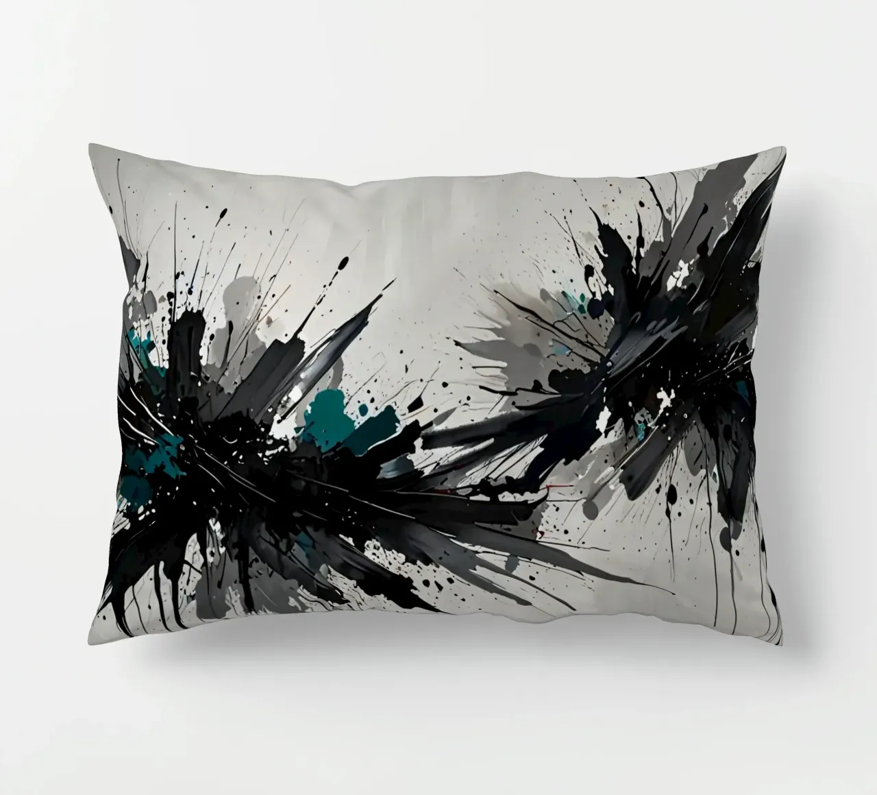 Oeuvre abstraite d'éclaboussures de noir de jais et de sarcelle sur un fond gris clair. coussin de DesignDoodle
