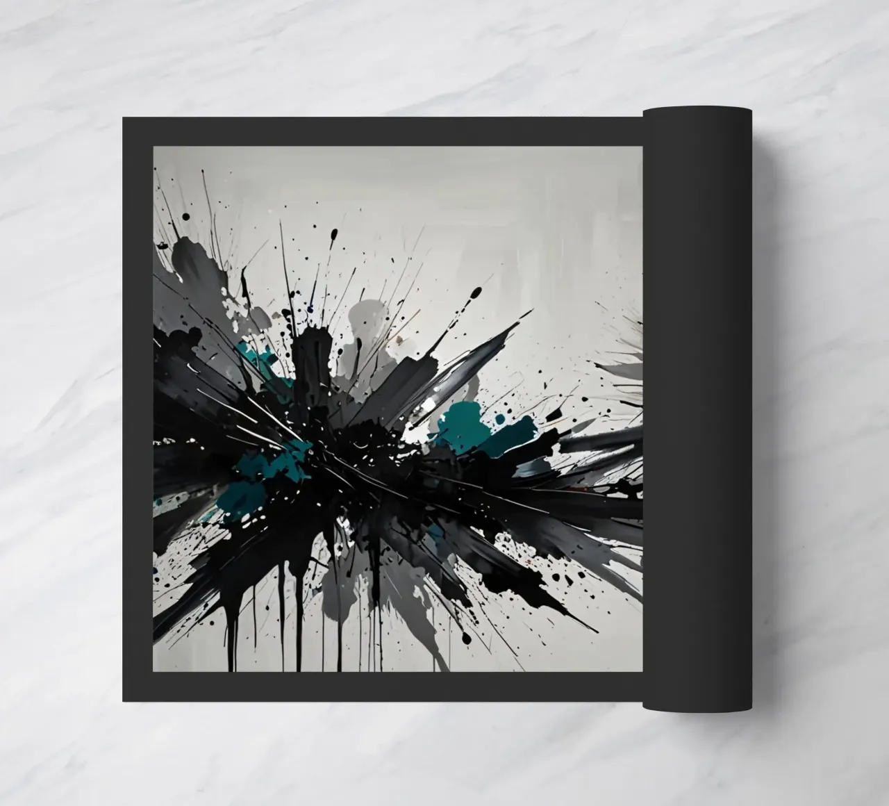 Oeuvre abstraite d'éclaboussures de noir de jais et de sarcelle sur un fond gris clair. paillasson de DesignDoodle