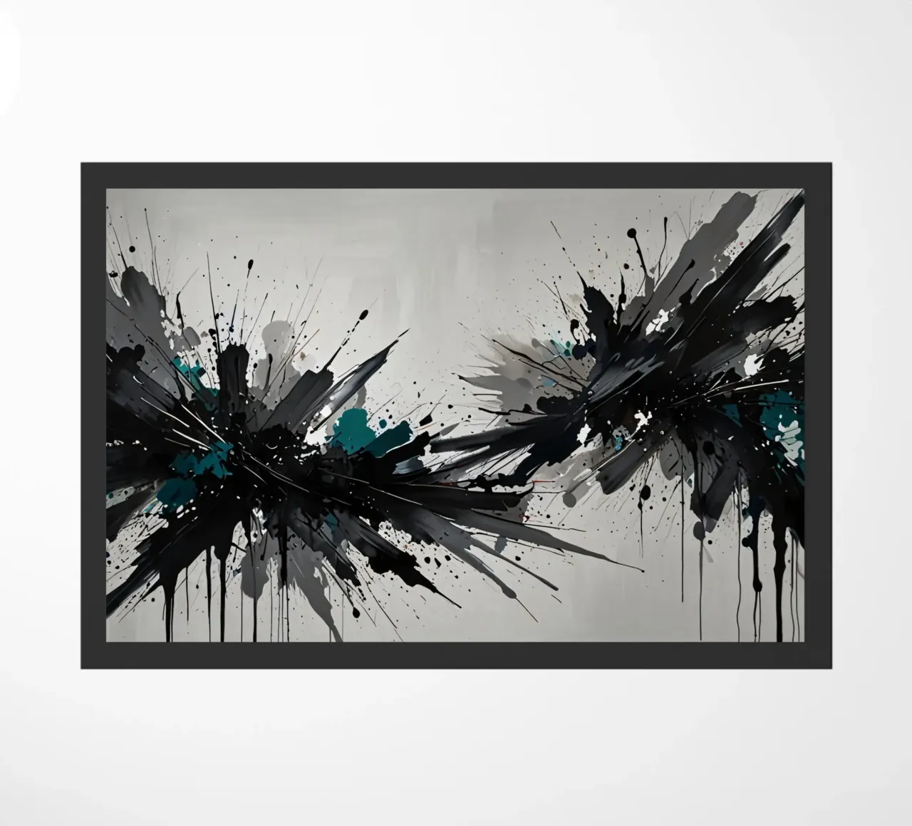 Oeuvre abstraite d'éclaboussures de noir de jais et de sarcelle sur un fond gris clair. paillasson de DesignDoodle