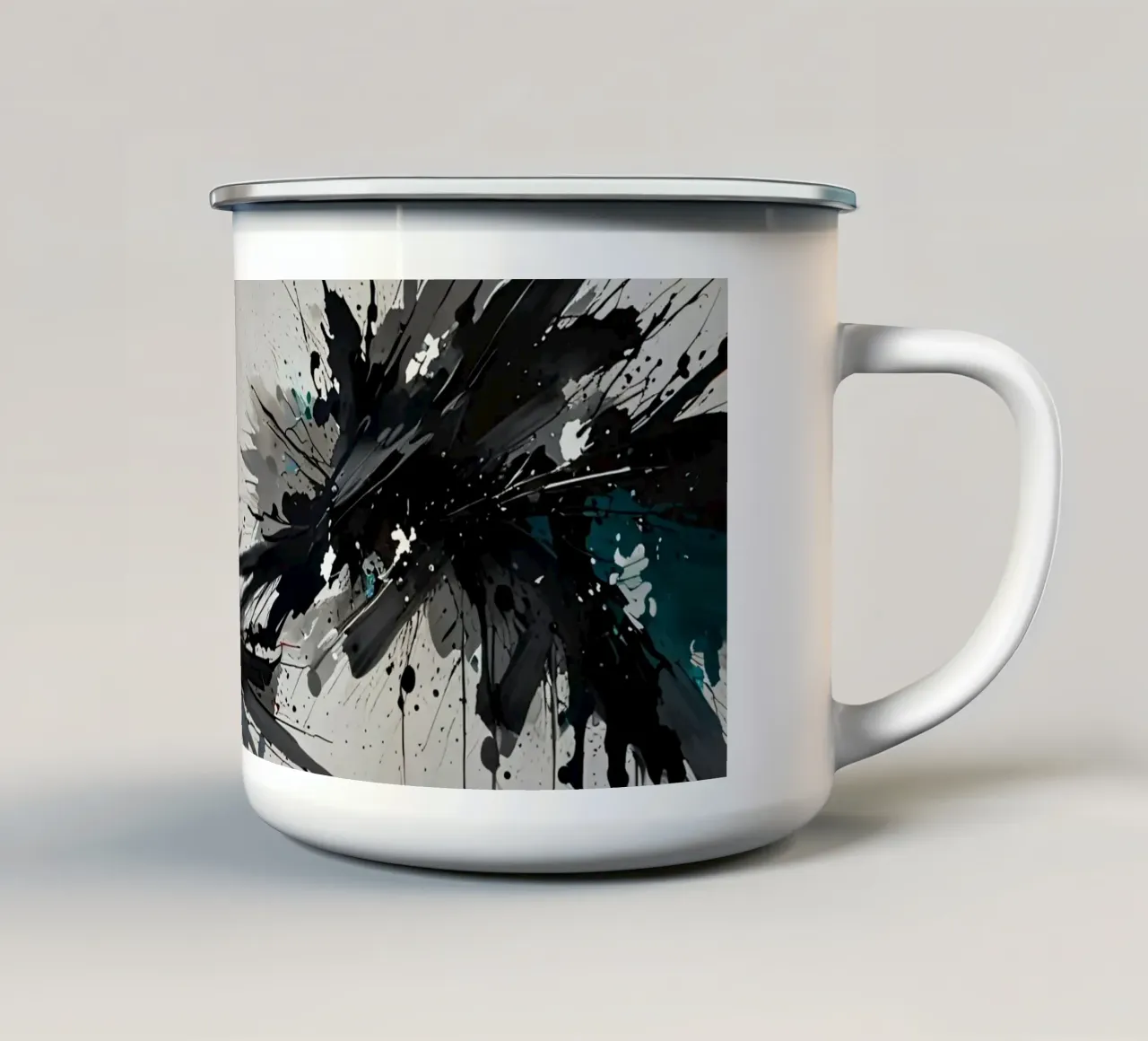 Oeuvre abstraite d'éclaboussures de noir de jais et de sarcelle sur un fond gris clair. mug en émail de DesignDoodle