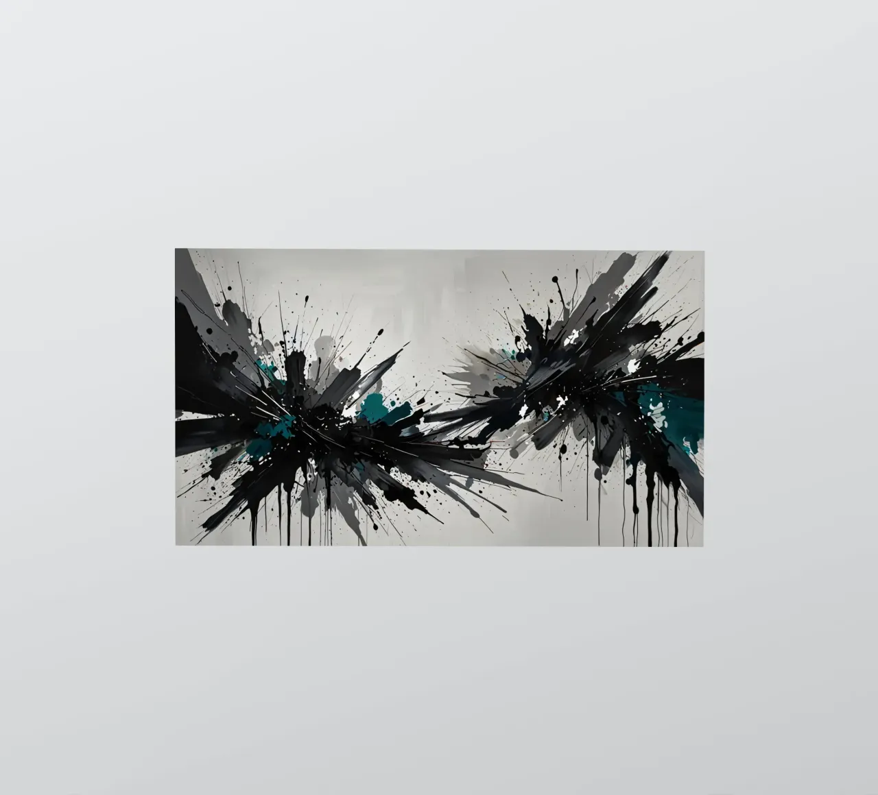 Oeuvre abstraite d'éclaboussures de noir de jais et de sarcelle sur un fond gris clair. autocollant de DesignDoodle