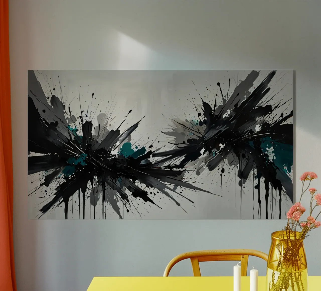 Oeuvre abstraite d'éclaboussures de noir de jais et de sarcelle sur un fond gris clair. plexiglas de DesignDoodle