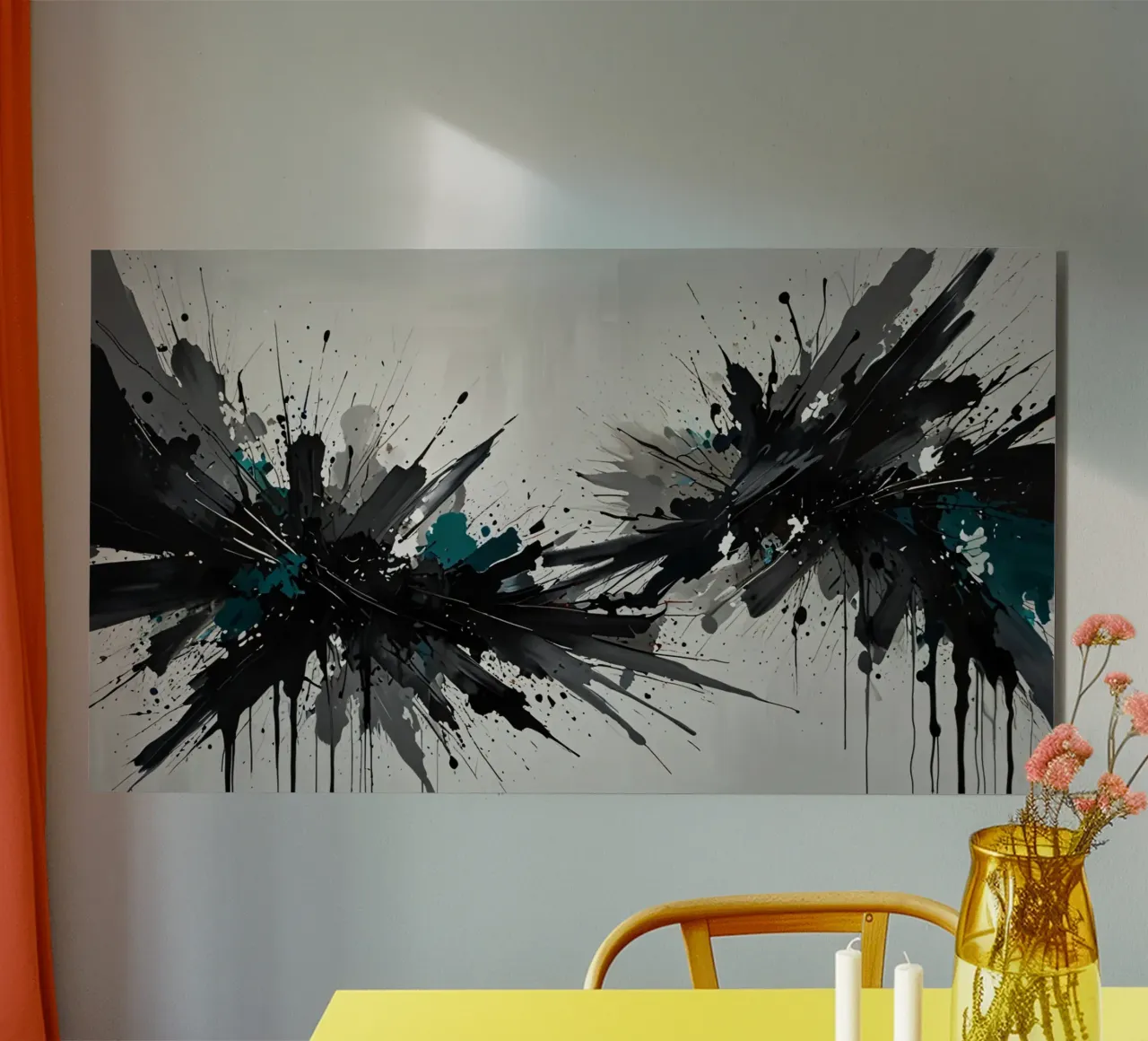 Abstraktes, tiefschwarzes und blaugrünes Splatter-Kunstwerk auf hellgrauem Untergrund Alu-Dibond von DesignDoodle