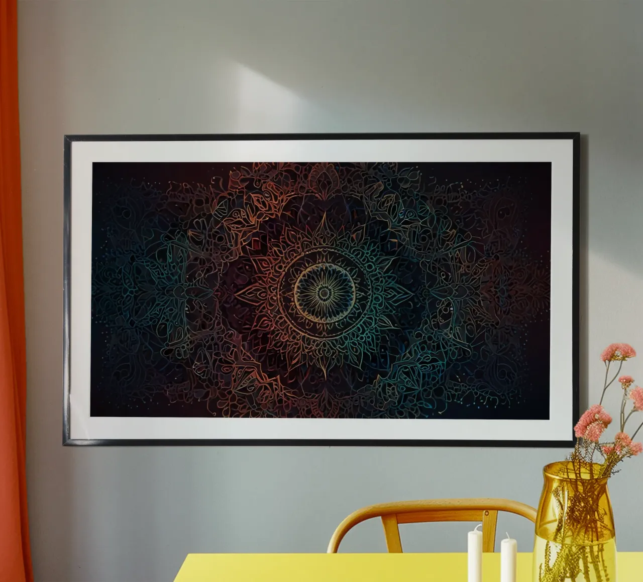 Intricato disegno mandala con colori vivaci poster con telaio in plastica da DesignDoodle