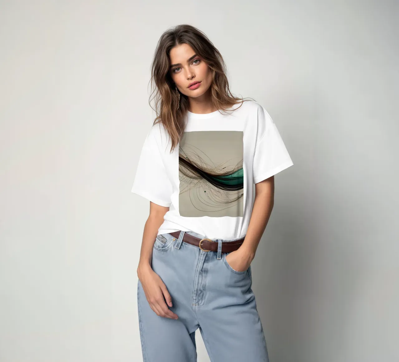 Un'opera d'arte digitale astratta che mostra linee fluide in colori terrosi. t-shirt da DesignDoodle