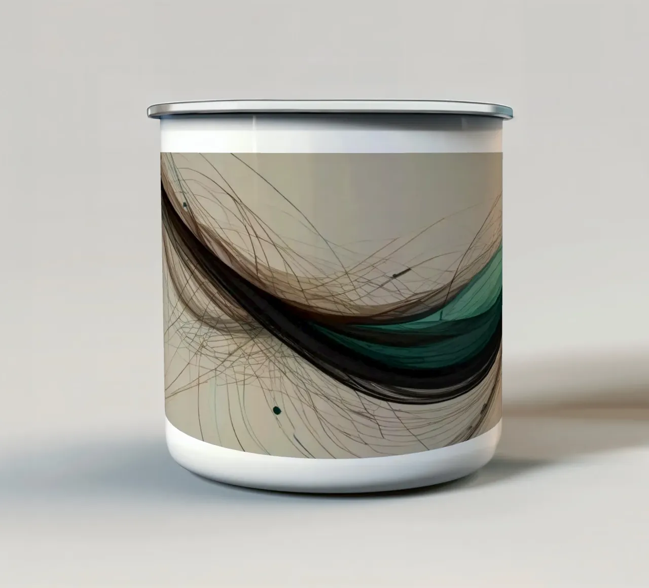 Un'opera d'arte digitale astratta che mostra linee fluide in colori terrosi. tazza in smalto da DesignDoodle