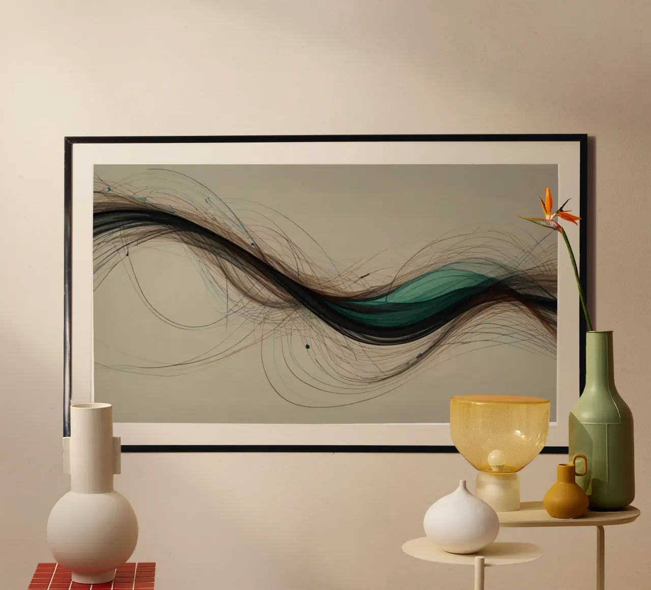 Un'opera d'arte digitale astratta che mostra linee fluide in colori terrosi. carta hahnemühle da DesignDoodle