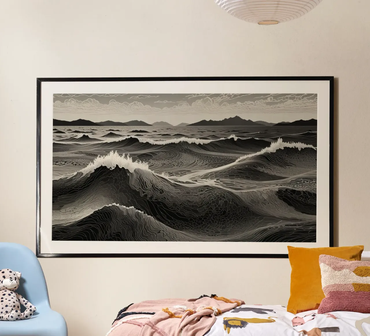 Onde che si infrangono sulla riva all'alba carta hahnemühle da DesignDoodle
