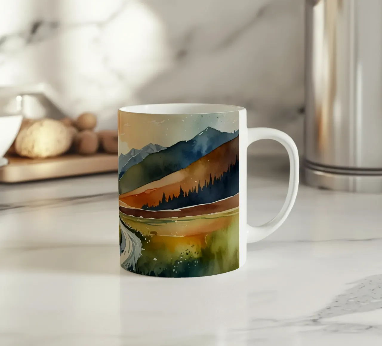 Un fiume tortuoso scorre tra le colorate valli autunnali tazza in ceramica da DesignDoodle