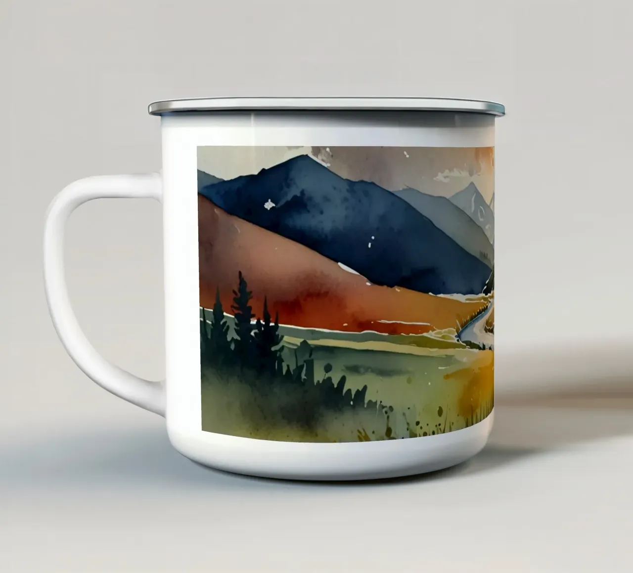Un fiume tortuoso scorre tra le colorate valli autunnali tazza in smalto da DesignDoodle