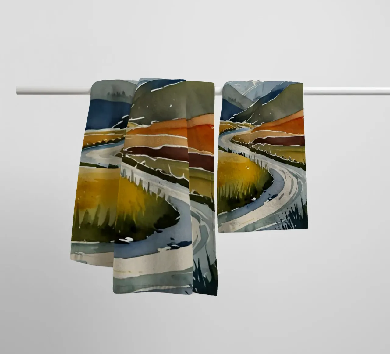 A winding river flows through colorful autumn valleys towel by DesignDoodle