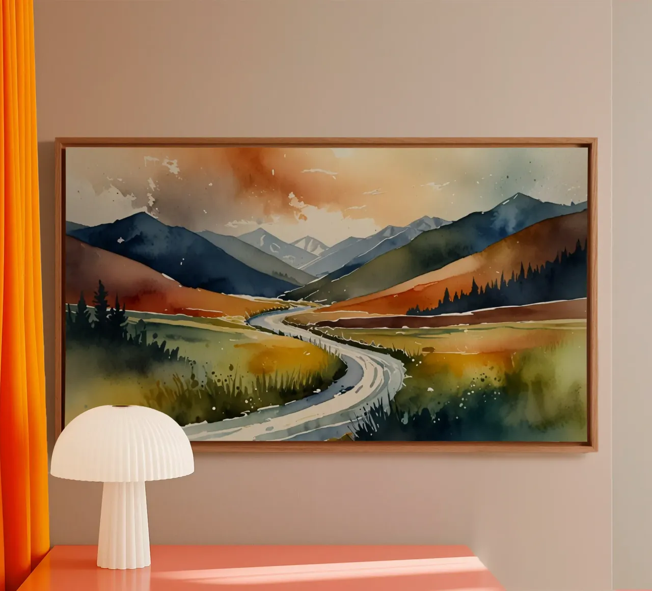 A winding river flows through colorful autumn valleys canvas by DesignDoodle