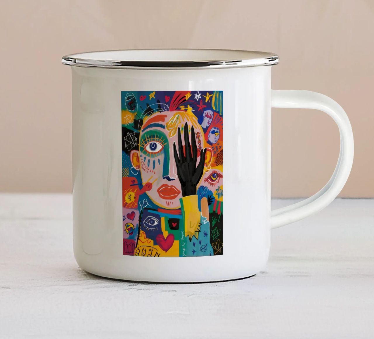 Viso coperto a mano tazza in smalto da Muse Fragments