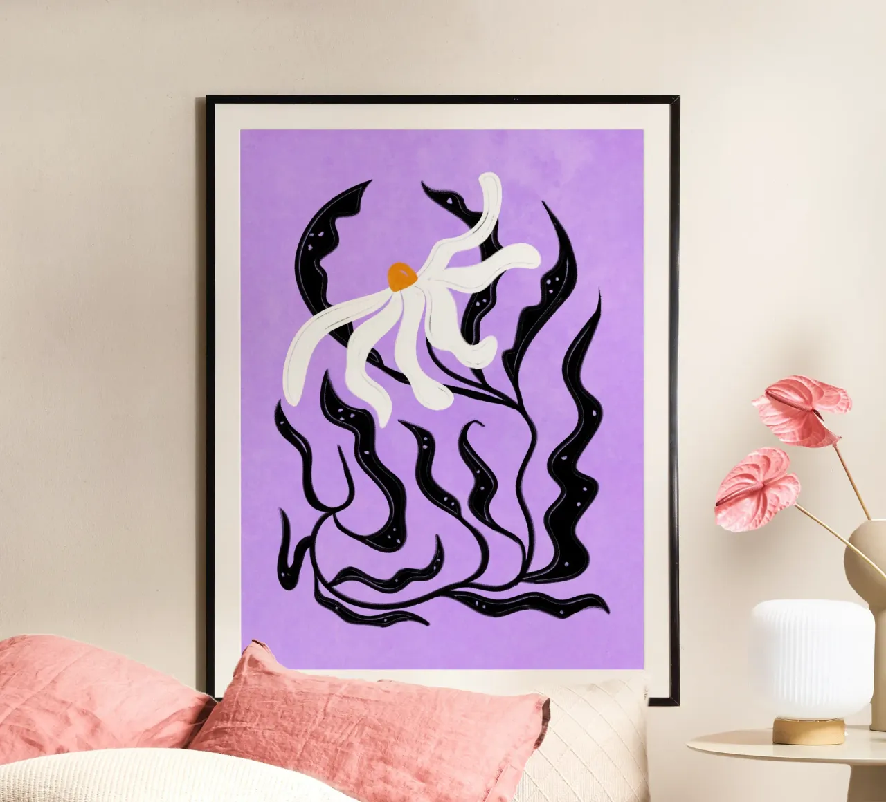 Abstract white Flower poster con marco de madera de Illustration Raissa Oltmanns