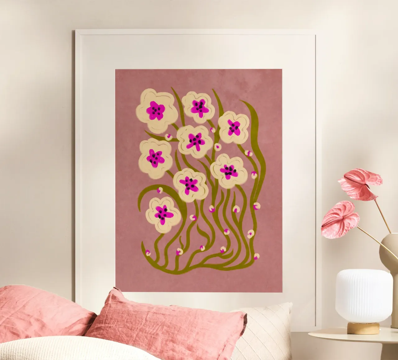 Abstract Flowers in vintage style poster con telaio in legno da Illustration Raissa Oltmanns