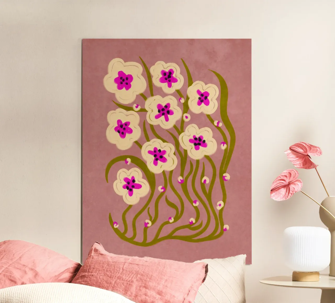 Abstract Flowers in vintage style poster con telaio in legno da Illustration Raissa Oltmanns