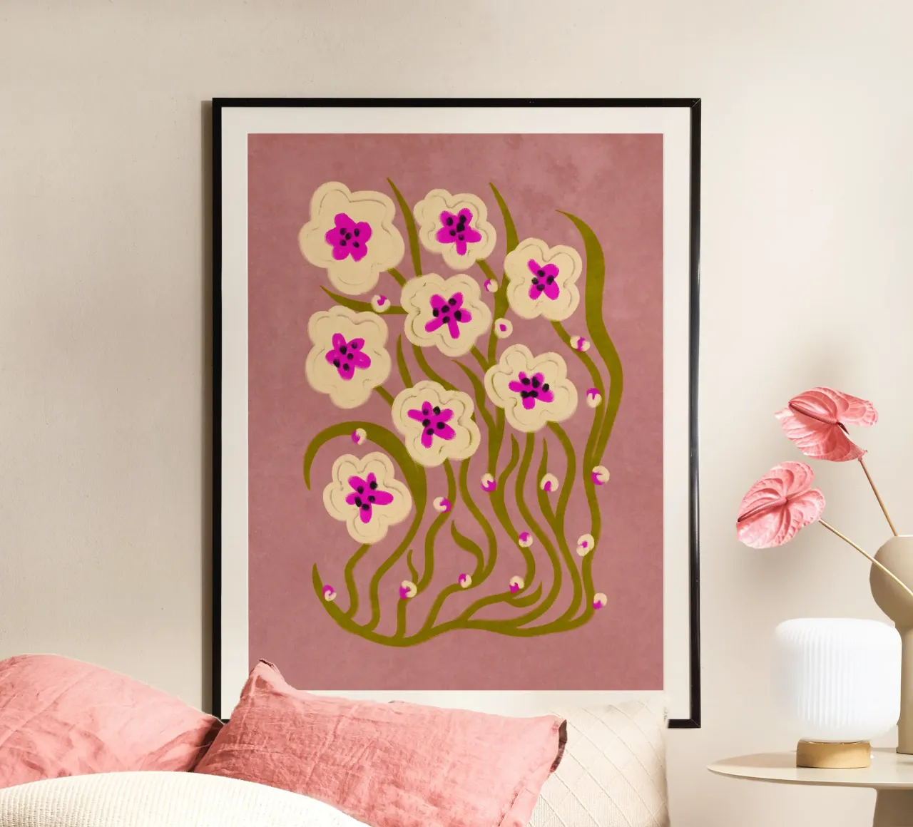 Abstract Flowers in vintage style poster con telaio in legno da Illustration Raissa Oltmanns