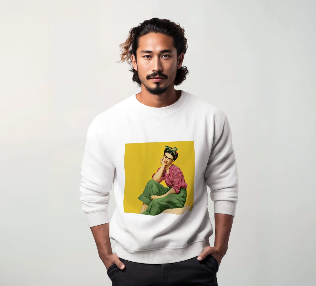 Elegante chica mexicana a rayas, fondo amarillo Impresión artística sudadera de Modern Muse