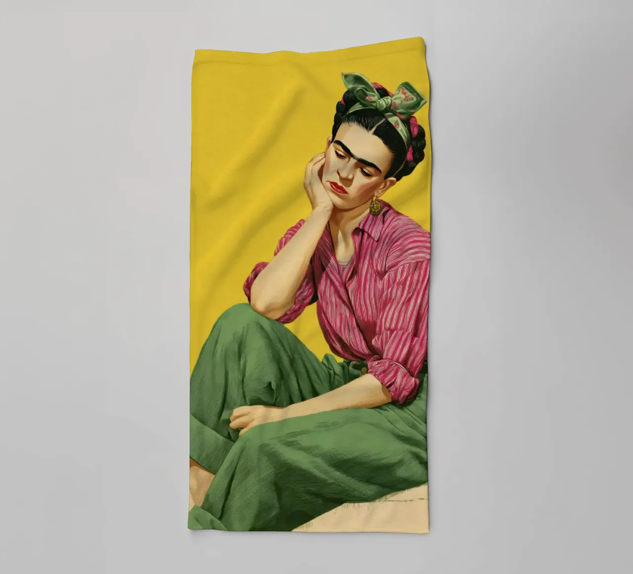 Stylish Bohemian Girl in Stripes, Yellow Backdrop Art Print towel by Modern Muse