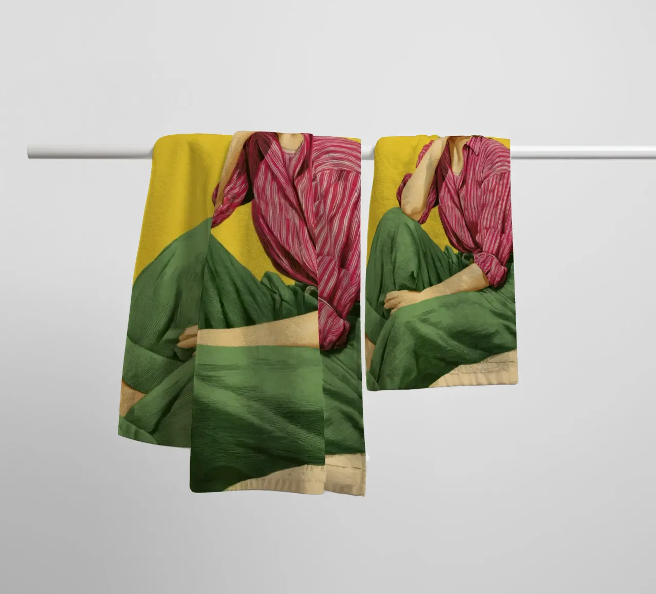 Stylish Bohemian Girl in Stripes, Yellow Backdrop Art Print towel by Modern Muse