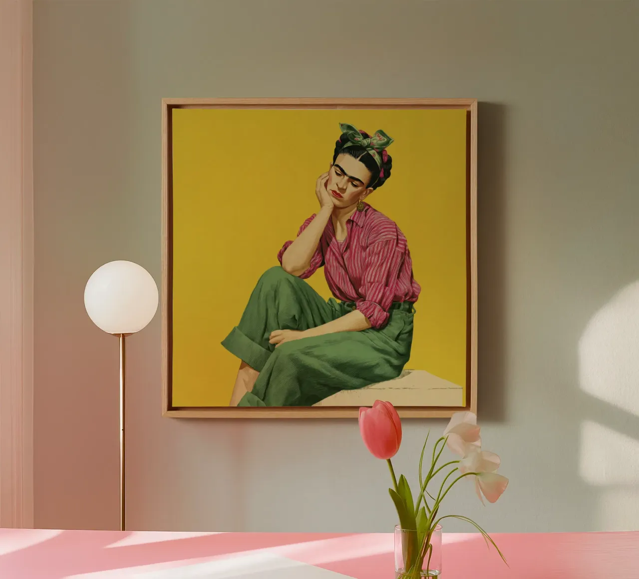 Stijlvol Mexicaans meisje met strepen, gele achtergrond art print canvas met Baklijst van Modern Muse