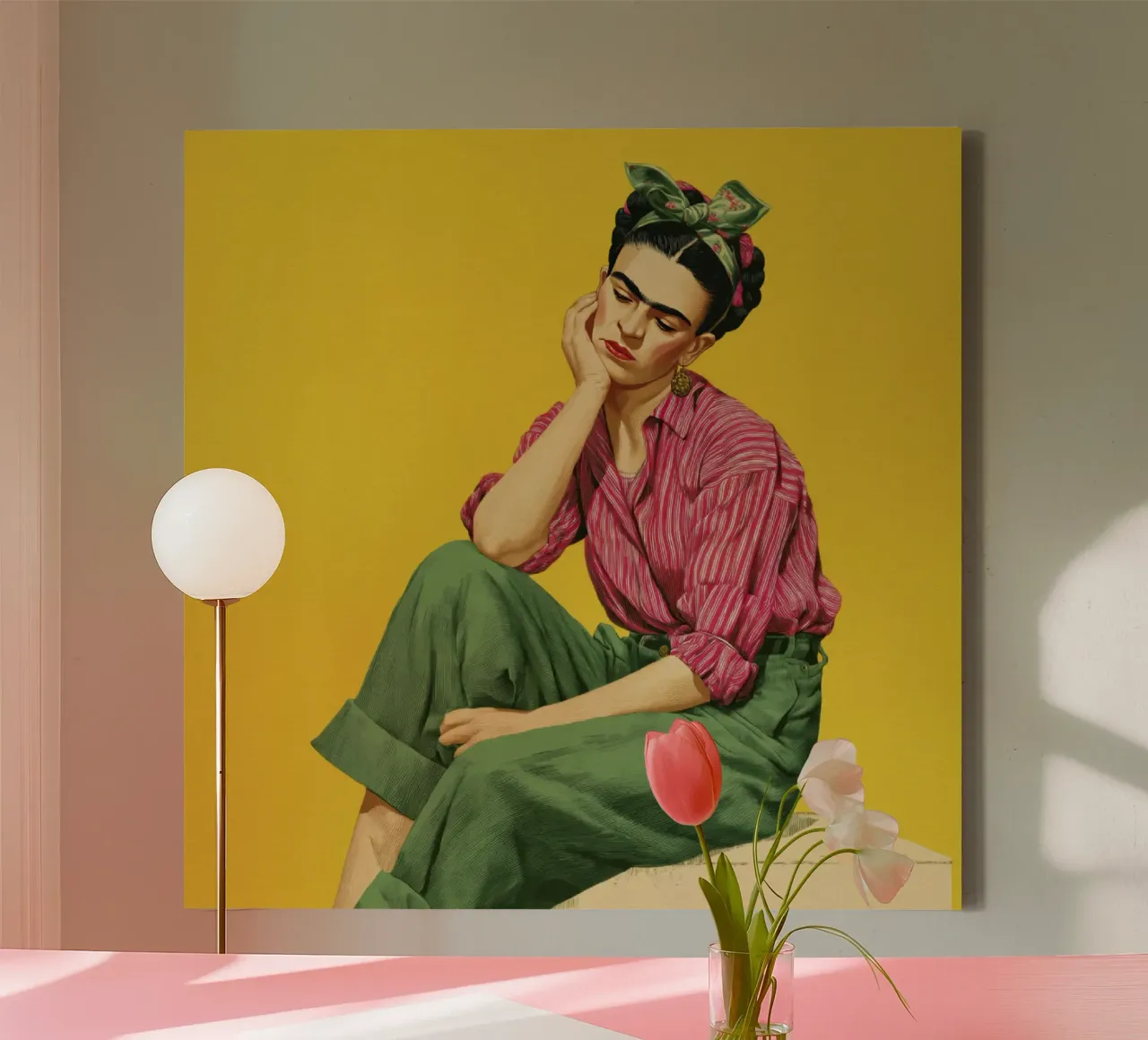 Stijlvol Mexicaans meisje met strepen, gele achtergrond art print canvas met Baklijst van Modern Muse