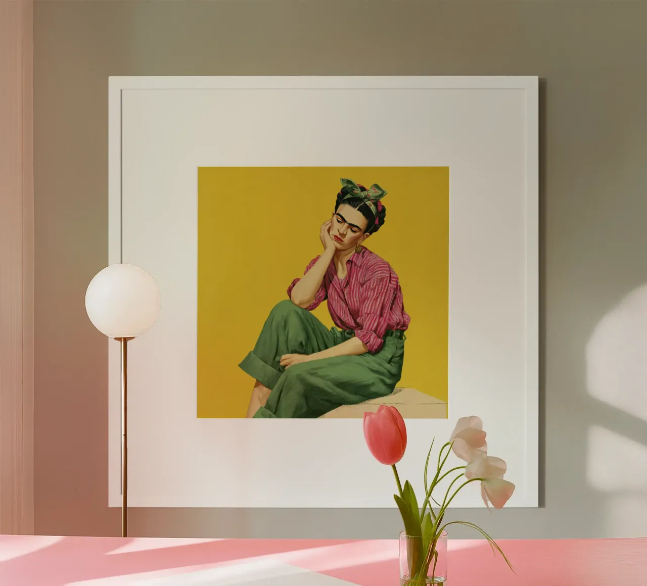 Fille mexicaine stylisée avec des rayures, toile de fond jaune Art Print poster avec cadre en aluminium de Modern Muse