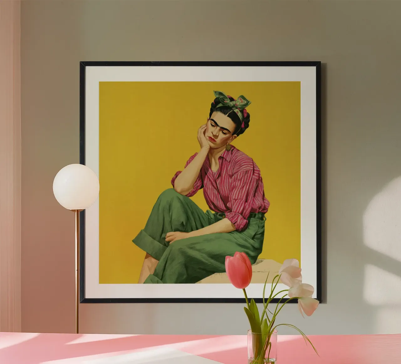 Fille mexicaine stylisée avec des rayures, toile de fond jaune Art Print poster avec cadre en aluminium de Modern Muse