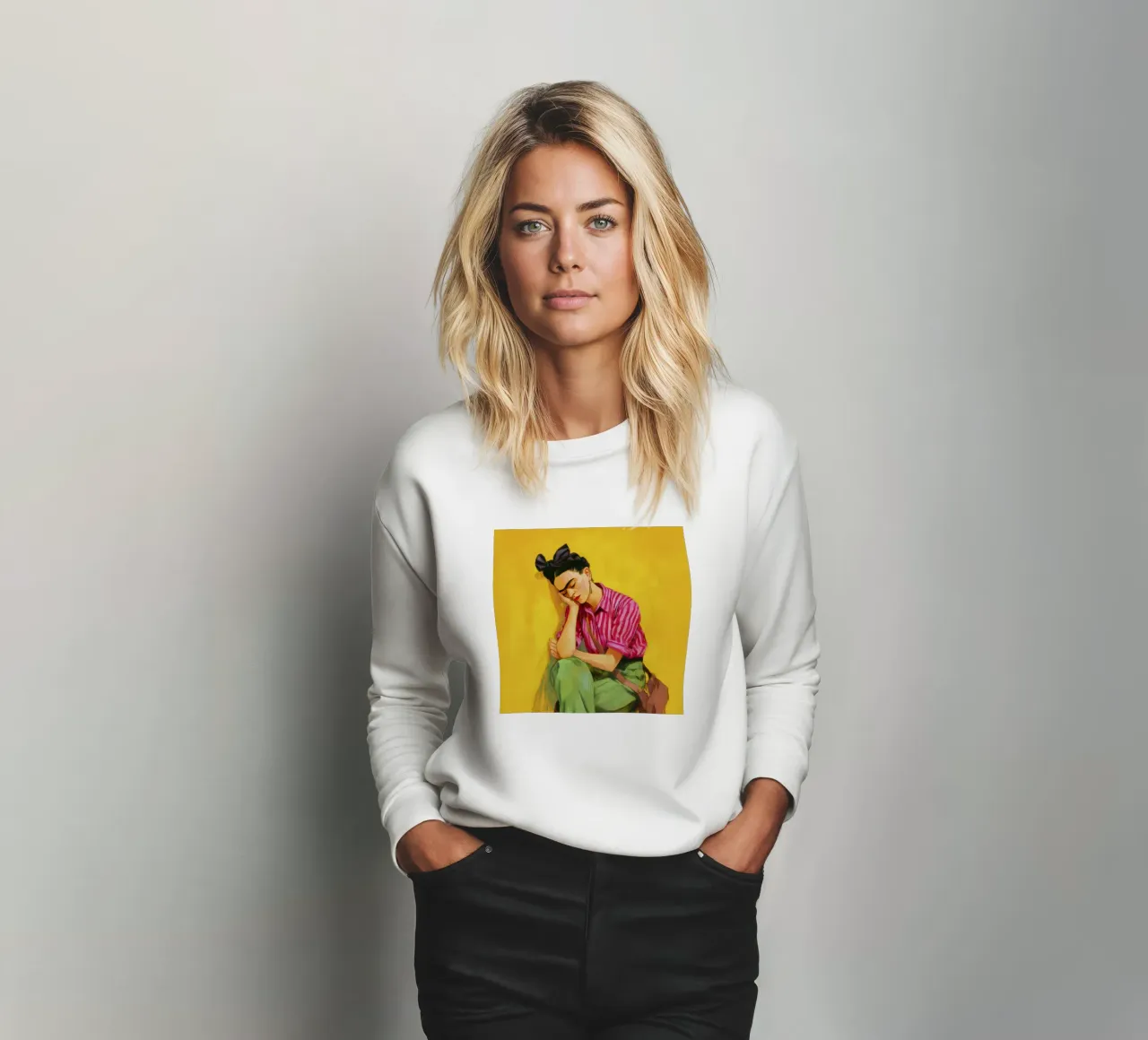 Ragazza messicana con strisce e fiocco rosso e sfondo giallo retrò felpa da Modern Muse