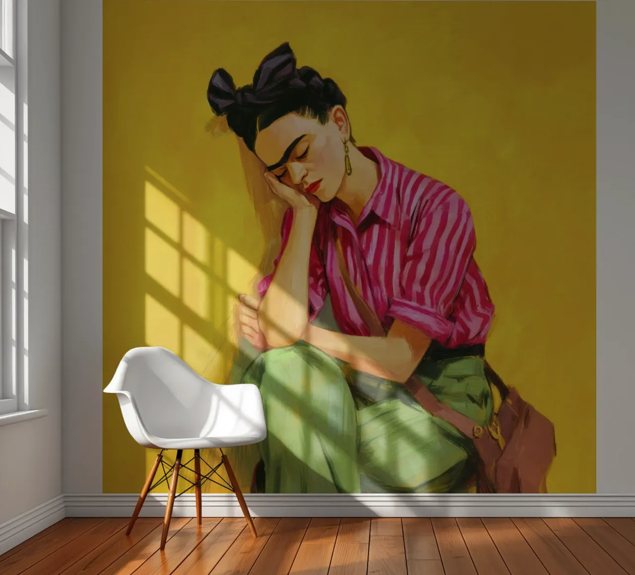 Mexican Girl in Stripes & Red Bow with Retro Yellow Backdrop photo wallpaper by Modern Muse