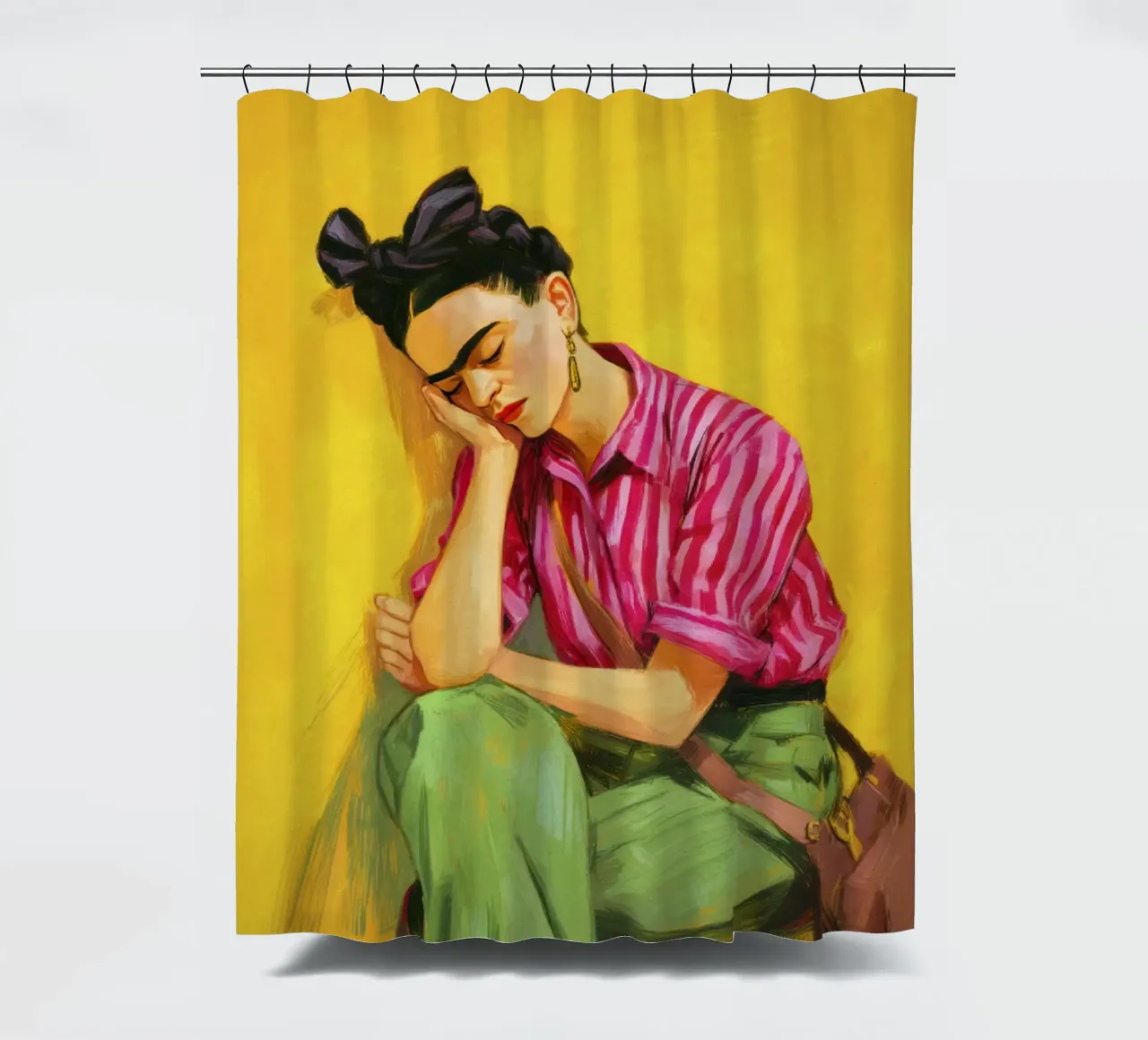 Ragazza bohémien con strisce e fiocco rosso e colore giallo retrò tenda da doccia da Modern Muse
