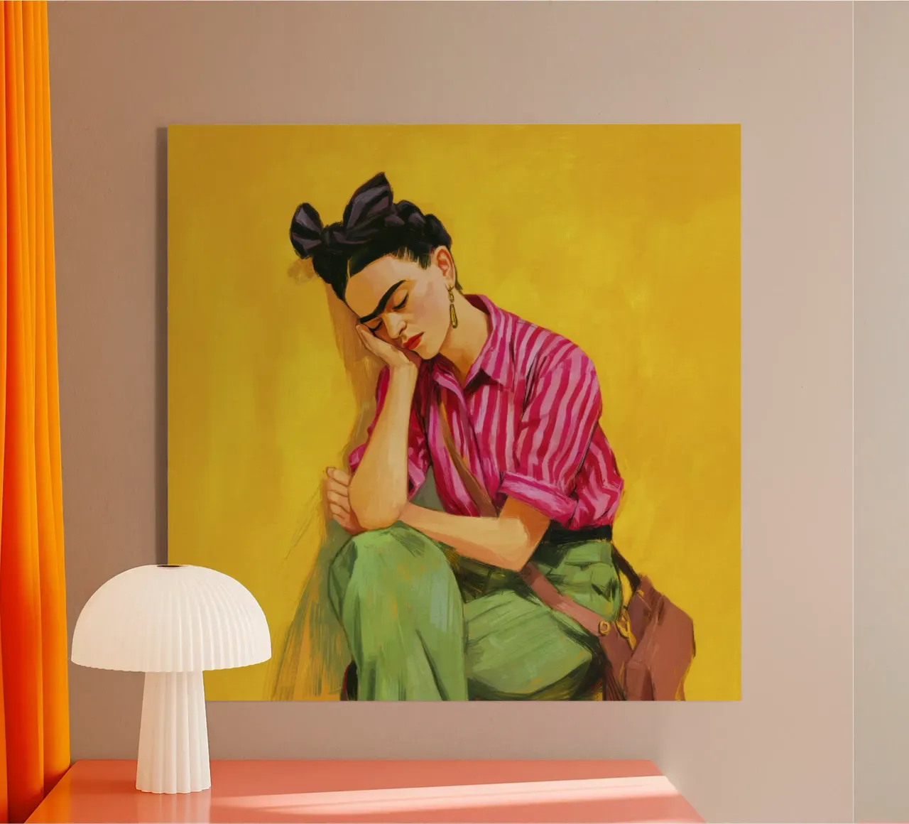 Ragazza messicana con strisce e fiocco rosso e sfondo giallo retrò plexiglass da Modern Muse