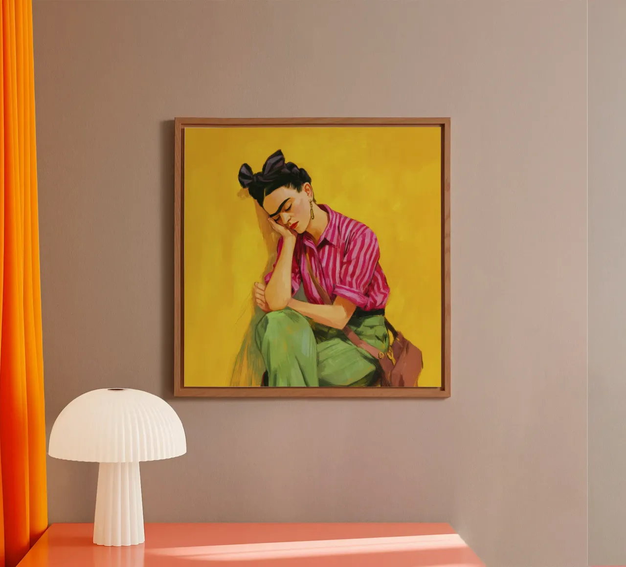 Ragazza bohémien con strisce e fiocco rosso e colore giallo retrò pannello forex da Modern Muse