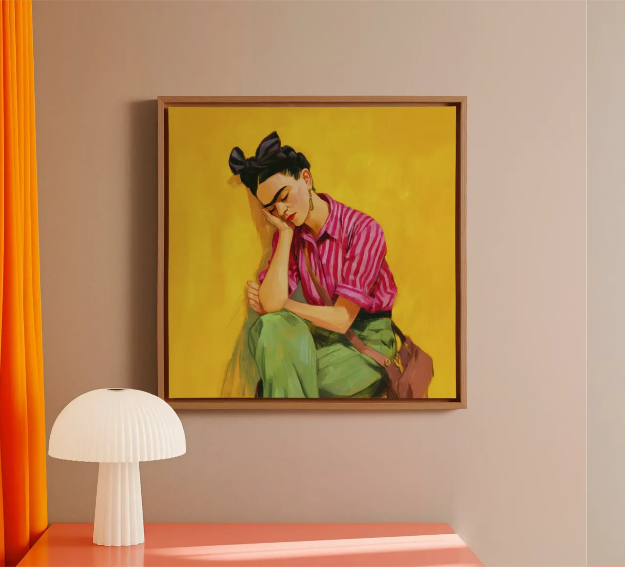 Ragazza messicana con strisce e fiocco rosso e sfondo giallo retrò tela con Cornice a cassetta da Modern Muse
