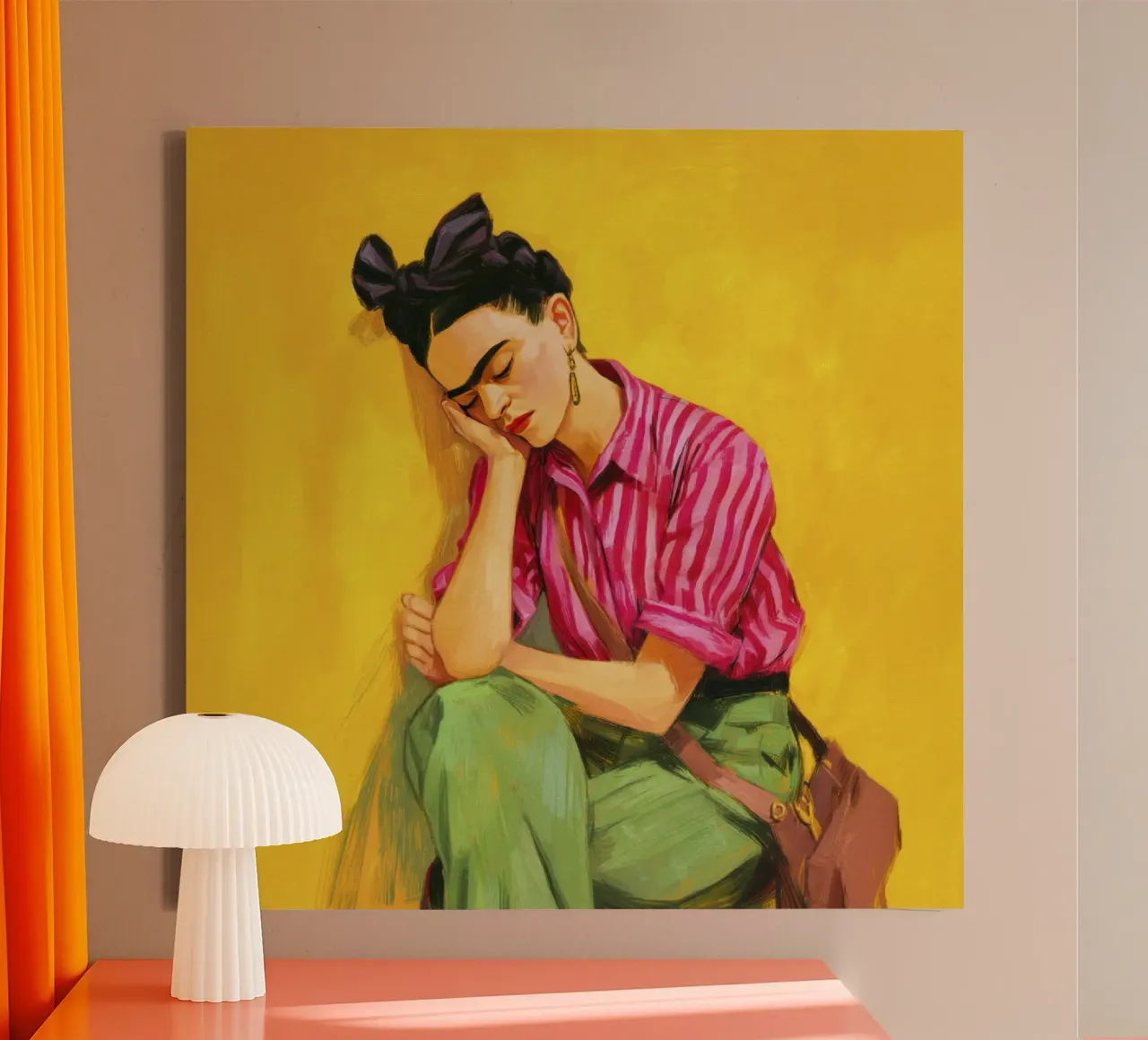 Ragazza messicana con strisce e fiocco rosso e sfondo giallo retrò tela con Cornice a cassetta da Modern Muse