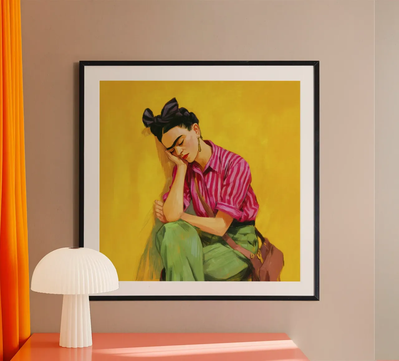 Ragazza messicana con strisce e fiocco rosso e sfondo giallo retrò carta hahnemühle da Modern Muse
