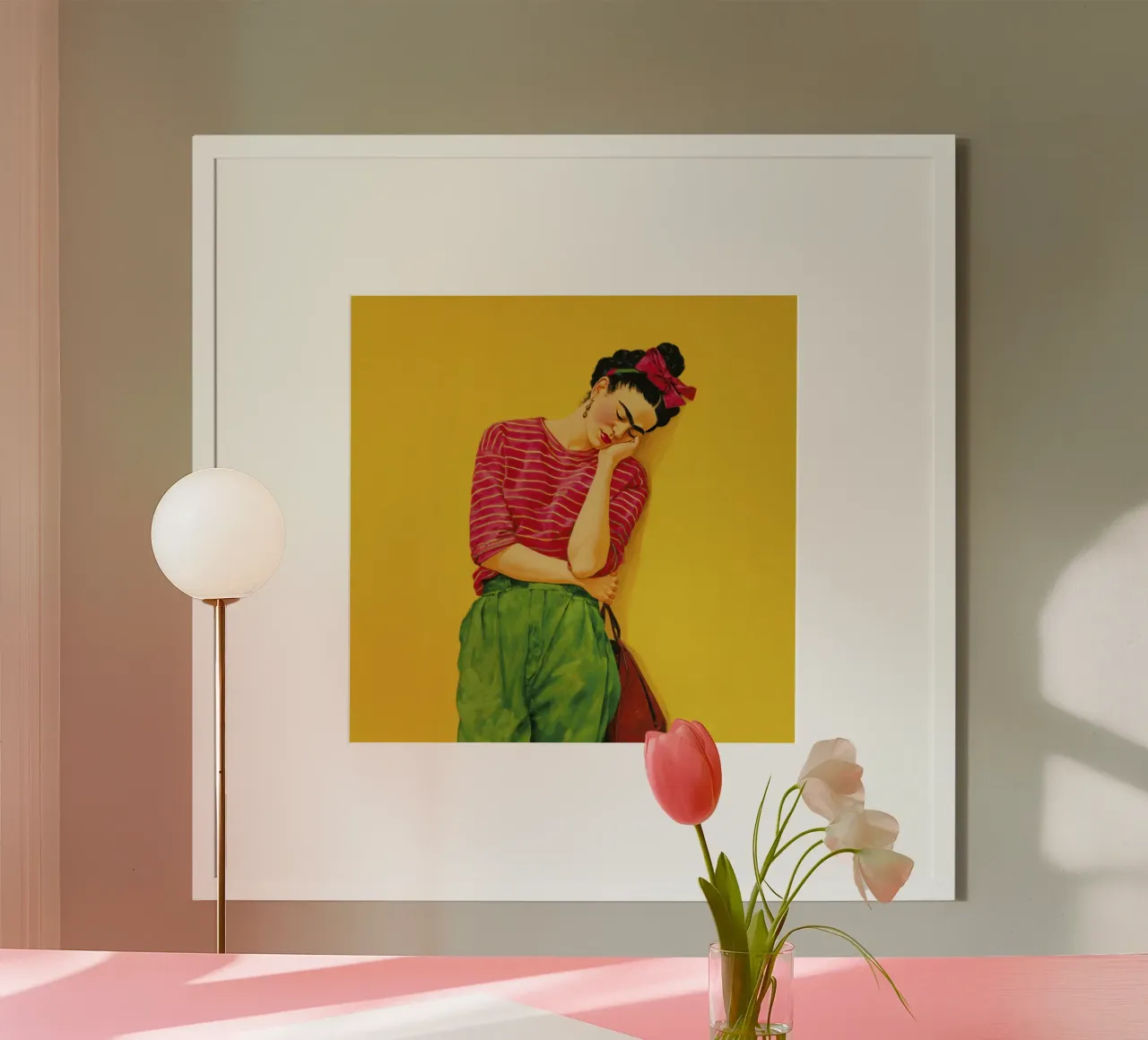 Ragazza messicana alla moda con camicia a righe su giallo poster con telaio in legno da Modern Muse