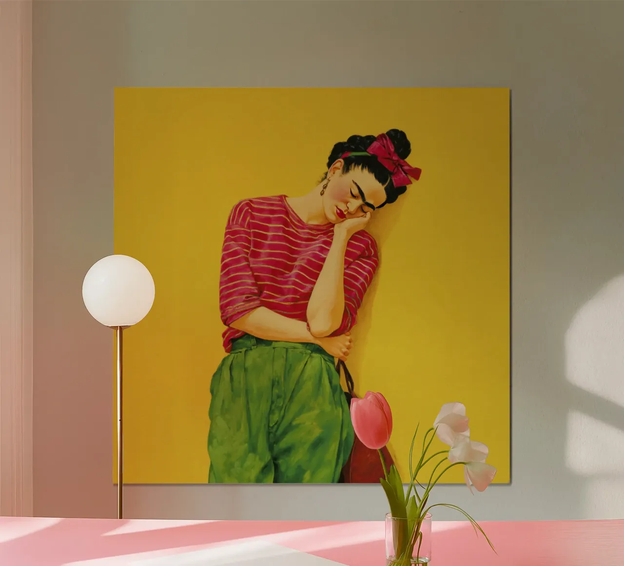 Ragazza messicana alla moda con camicia a righe su giallo poster con telaio in legno da Modern Muse