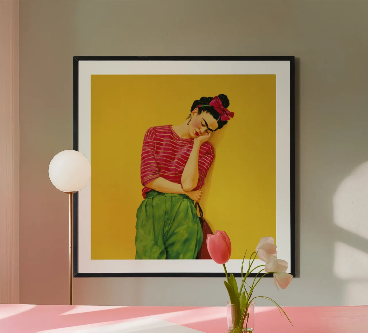 Ragazza messicana alla moda con camicia a righe su giallo poster con telaio in legno da Modern Muse