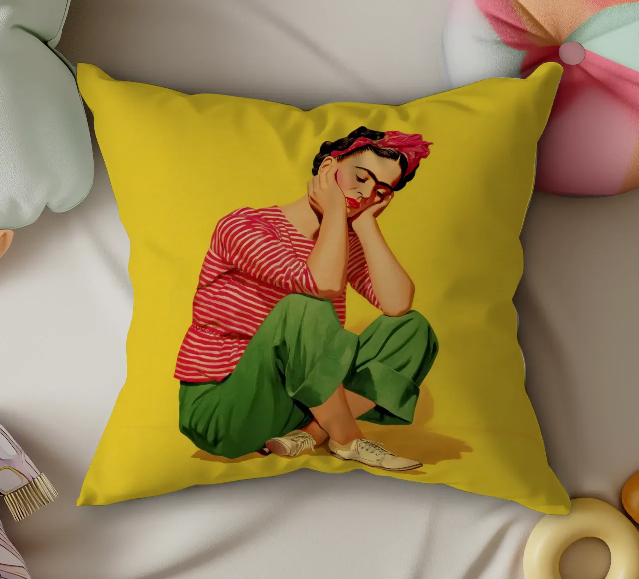 Ragazza messicana a righe con fiocco, opera d'arte retrò di tendenza cuscino da Modern Muse