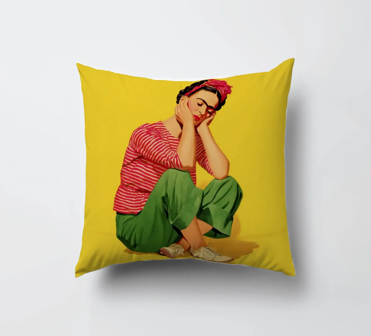 Ragazza messicana a righe con fiocco, opera d'arte retrò di tendenza cuscino da Modern Muse