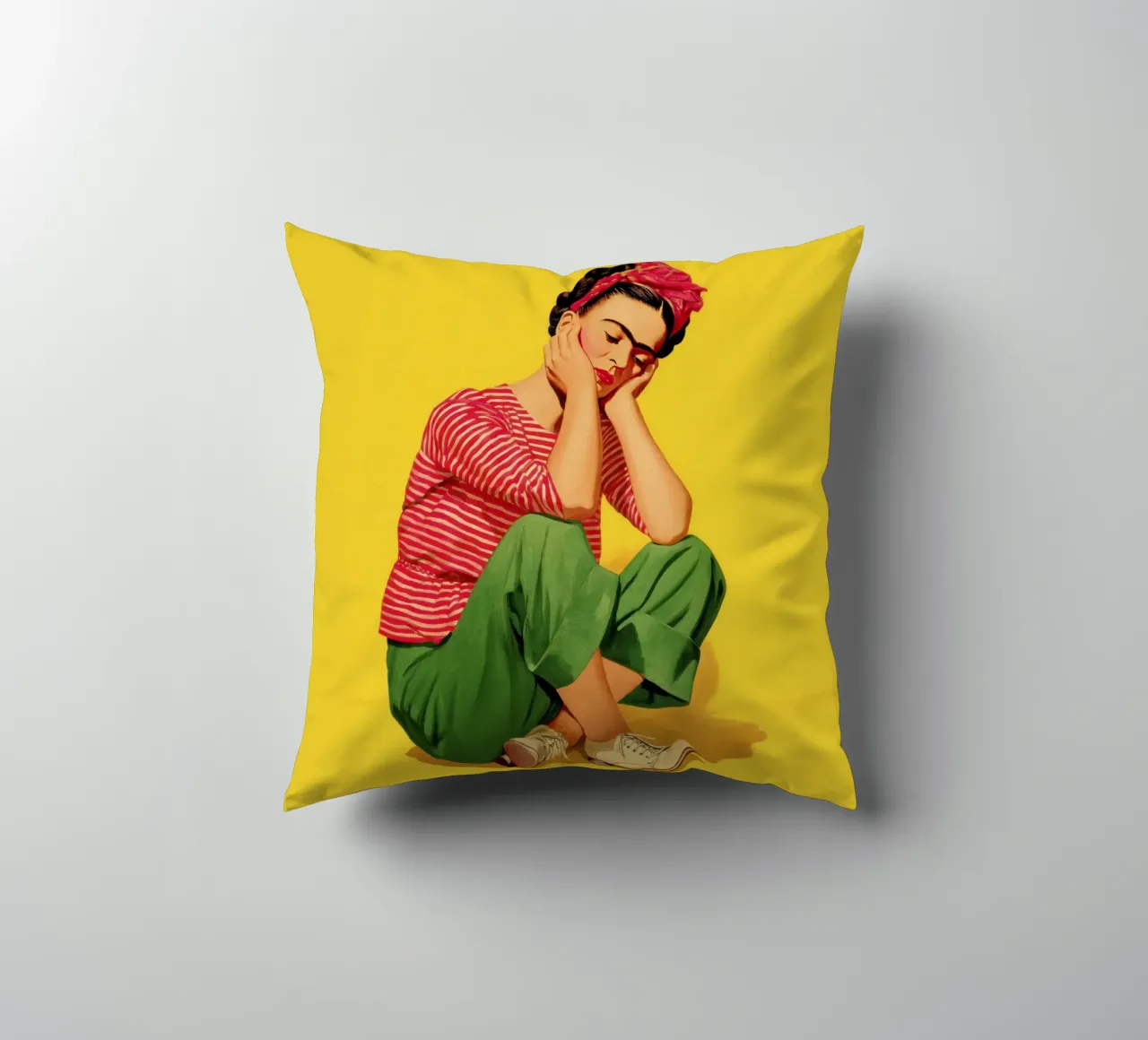 Ragazza messicana a righe con fiocco, opera d'arte retrò di tendenza cuscino da Modern Muse