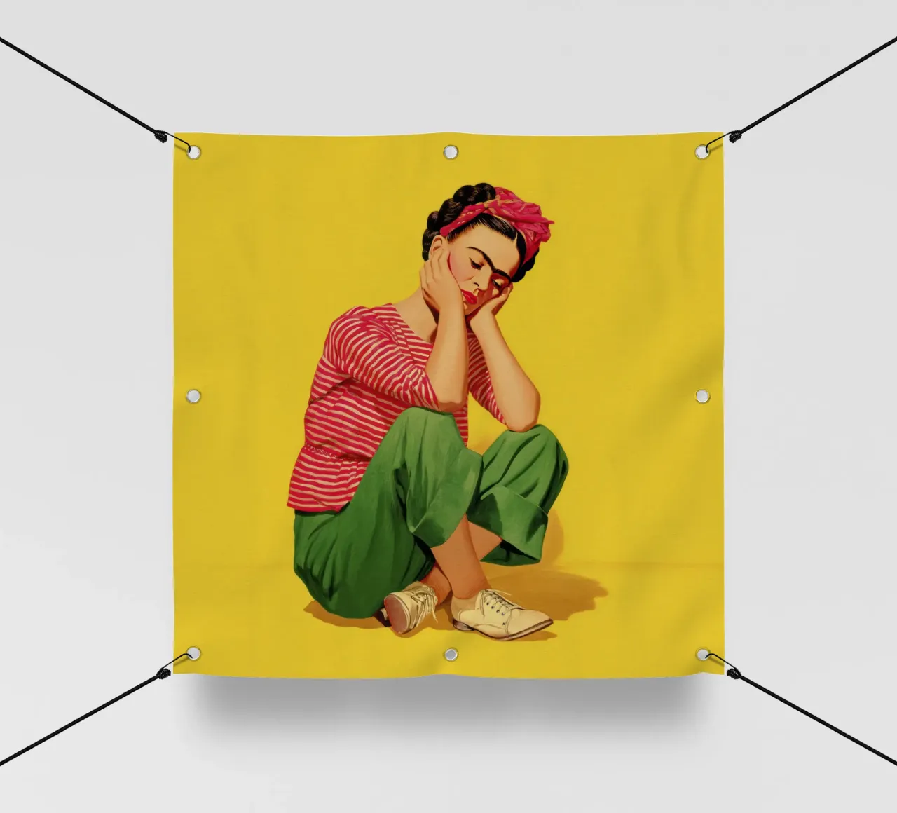 Ragazza messicana a righe con fiocco, opera d'arte retrò di tendenza telo in pvc da Modern Muse